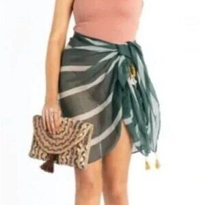 Gyal Bashy Green Striped Seaside Summer Sarong Wrap Vacation Beach Tropical NWT
